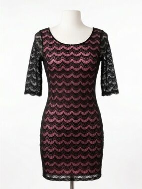 Candie's Black Pink Scalloped Lace Sheath Dress Open Back Cutout Y2K Size Large